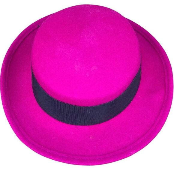 Vintage Fuchsia Pink Hat WPL 4384 100% Wool USA w/Black Bow Band Derby - Picture 2 of 6